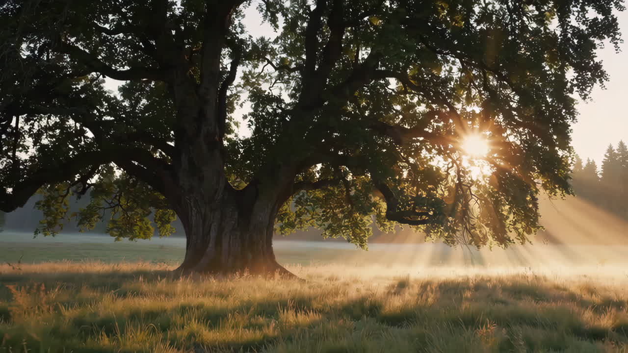 Majestic Tree in a Misty Field with Sunrise