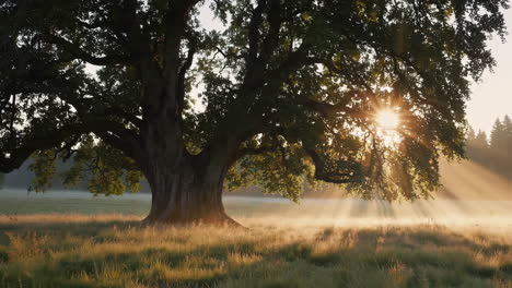 majestic tree in a misty field with sunrise