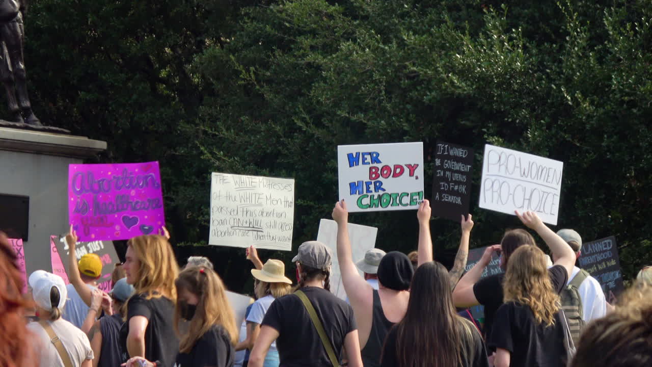Rally crowd holds various protest signs for reproductive rights at Women's March at Texas Capitol in Austin, 4K