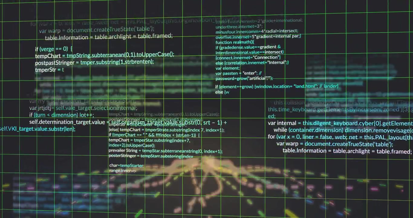 Green wireframe grid tilting toward node initiating code streams scrolling inward showing data flow