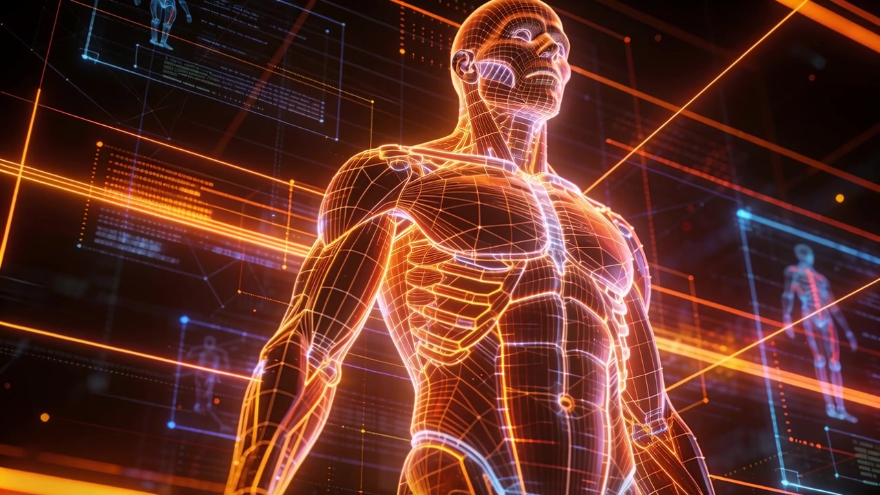 Tilting camera revealing glowing orange wireframe anatomy in virtual lab, HUD updating for scan