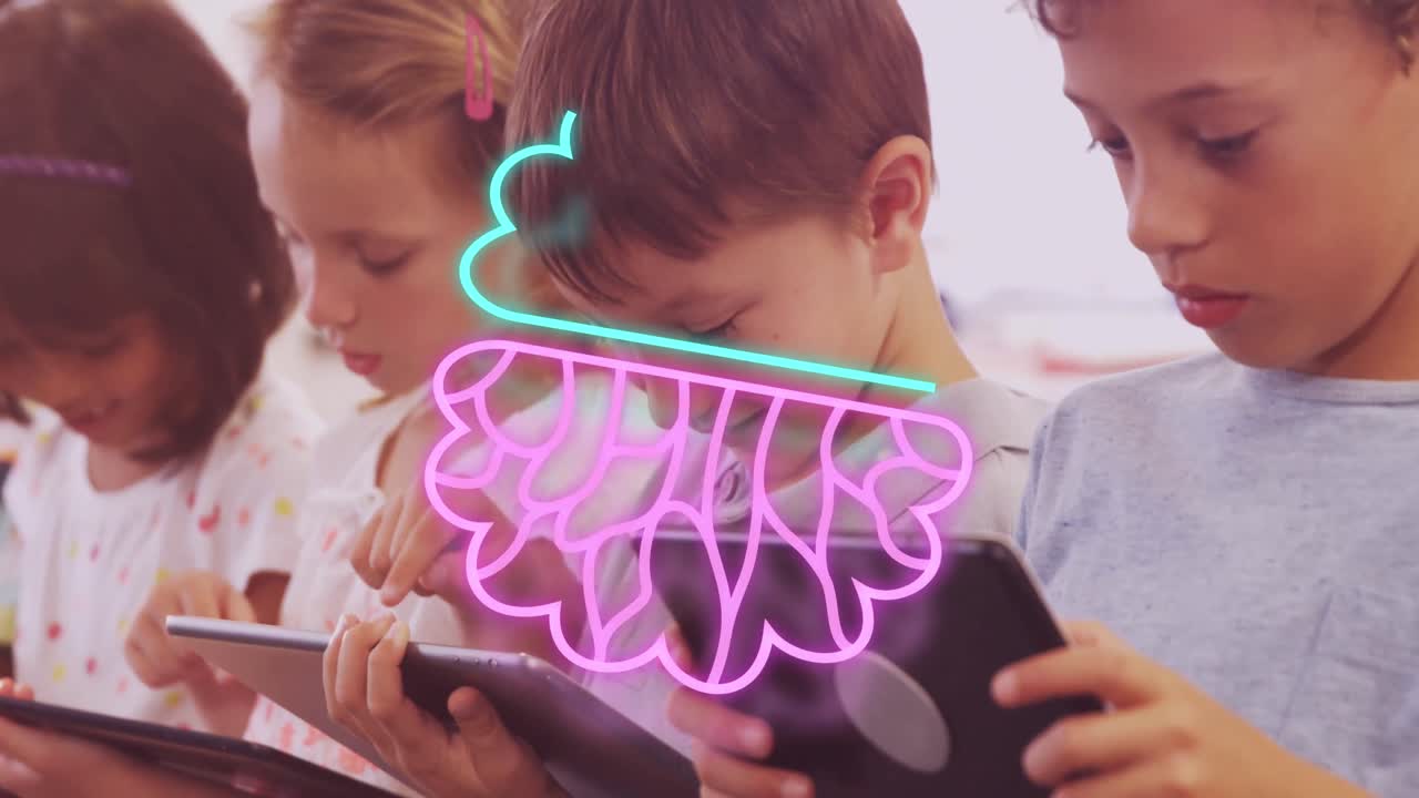 전자 기기를 사용하여 다양한 어린이에 대한 ai 데이터 처리의 애니메이션