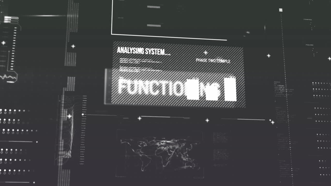 Animation of texts, map, graphs over lens flares and computer language against abstract background