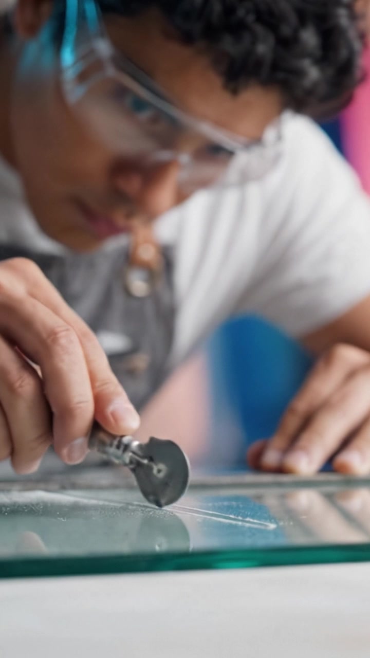 Focused Craftsmanship: A Young Artisan Skillfully Working with Glass, Capturing Precision and Dedication in the Artistic Process of Glass Manipulation.