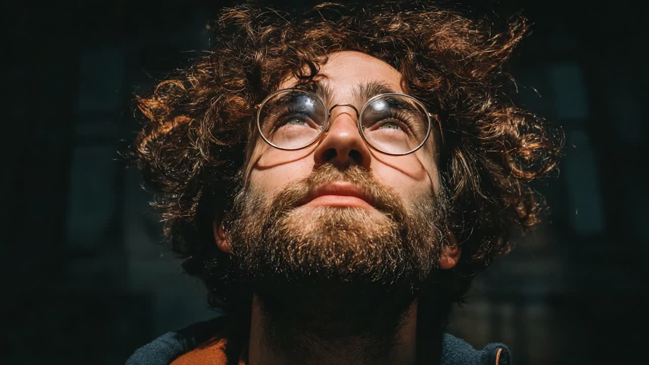 Contemplative Gaze: A Man with Curly Hair and Glasses Looks Upward in a Dramatic Lighting Scene, Evoking Thoughtfulness and Reflection on Life's Journey