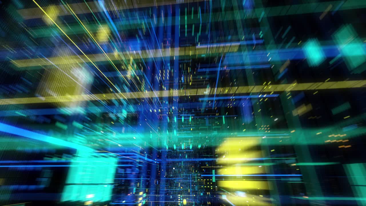 volando a través de datos digitales de hologramas de matriz abstractos tecnológicos.