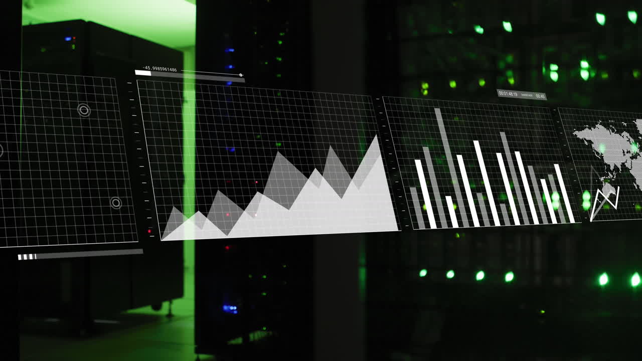 animación de pantallas con procesamiento de datos estadísticos contra la sala de servidores de computadora