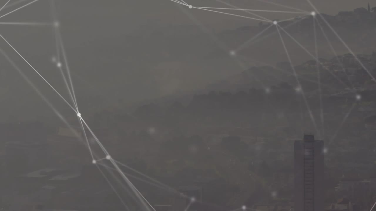 Glowing node web appearing left pulsing, drifting rightward reshaping and revealing smogged skyline