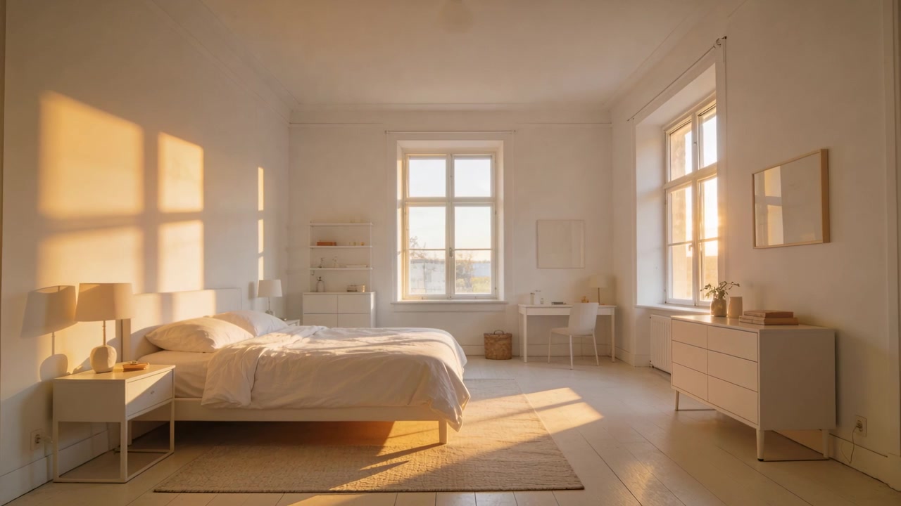 Luce solare che filtra dalla finestra a destra, la telecamera si allontana per rivelare un letto matrimoniale in camera da letto.
