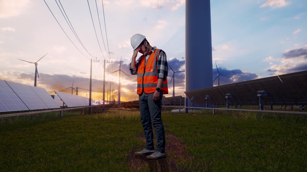Full Body Side View Of Asian Male Engineer With Safety Helmet Having A Headache While Working With Solar Panel and Wind Turbines
