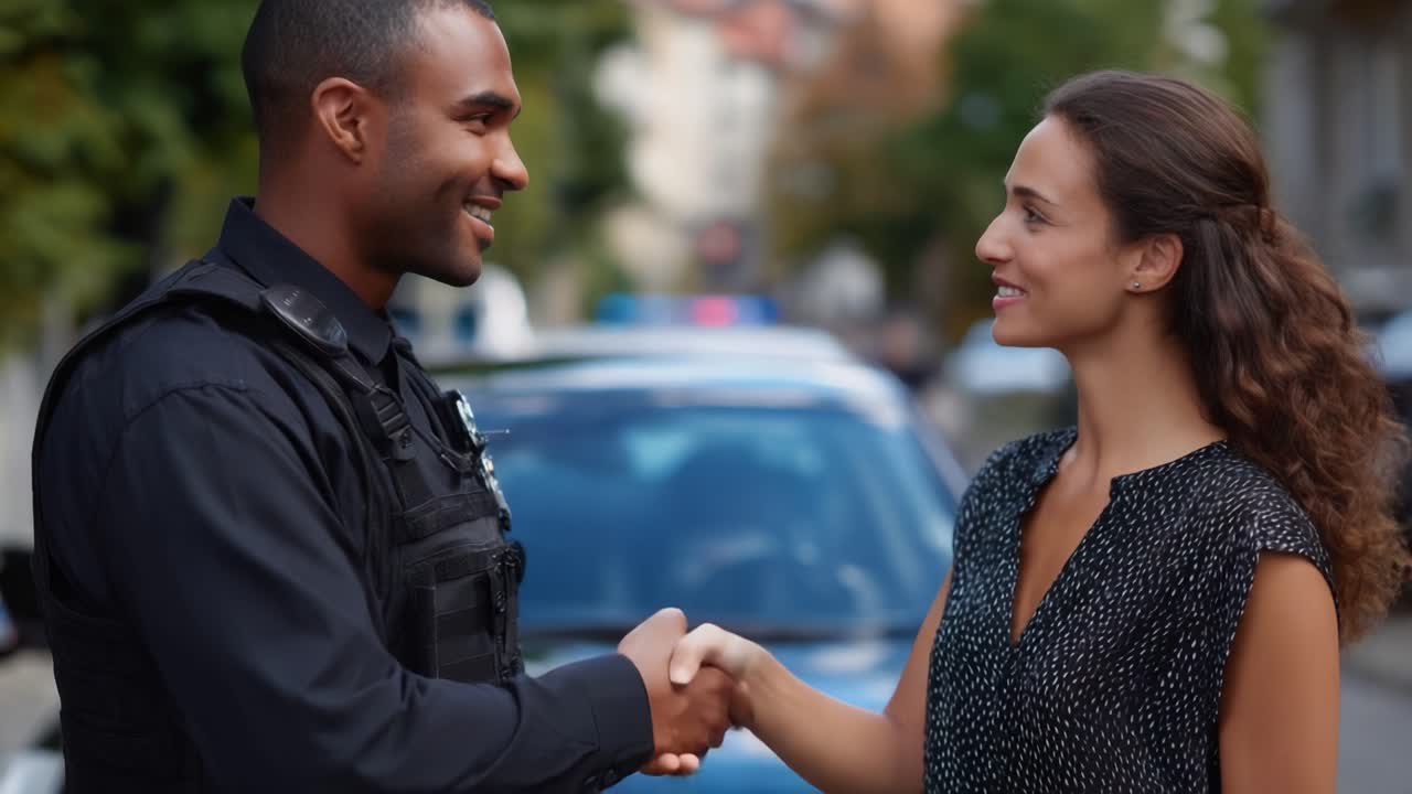A Positive Interaction Between a Police Officer and a Woman in an Urban Setting, Highlighting Community Engagement and Trust Building in Law Enforcement Relationships