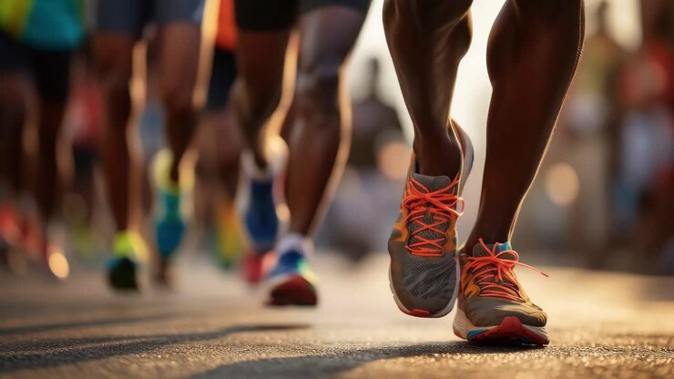 Low-angle video shot capturing runners' legs in motion, highlighting vibrant sneakers and dynamic