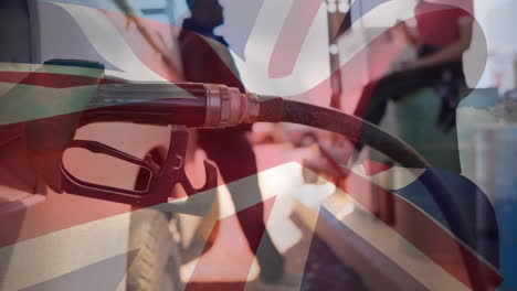 animación de la bandera del reino unido ondeando sobre la gente en la gasolinera