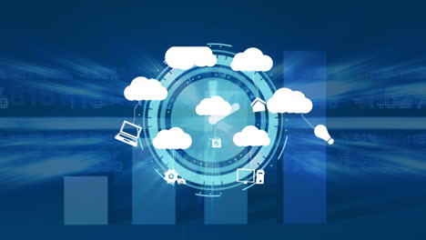 animación de nubes con iconos sobre gráfico y reloj en movimiento