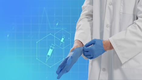 animación de iconos médicos y médico caucásico con guantes médicos en fondo azul