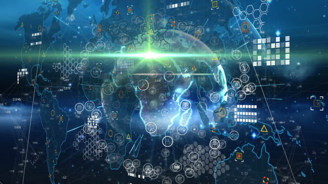 Animation of icon around globes over connected dots and map against abstract background
