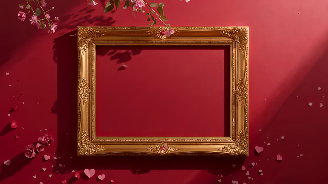Branch entering view sliding into gold picture frame at promo set, petals and confetti shifting