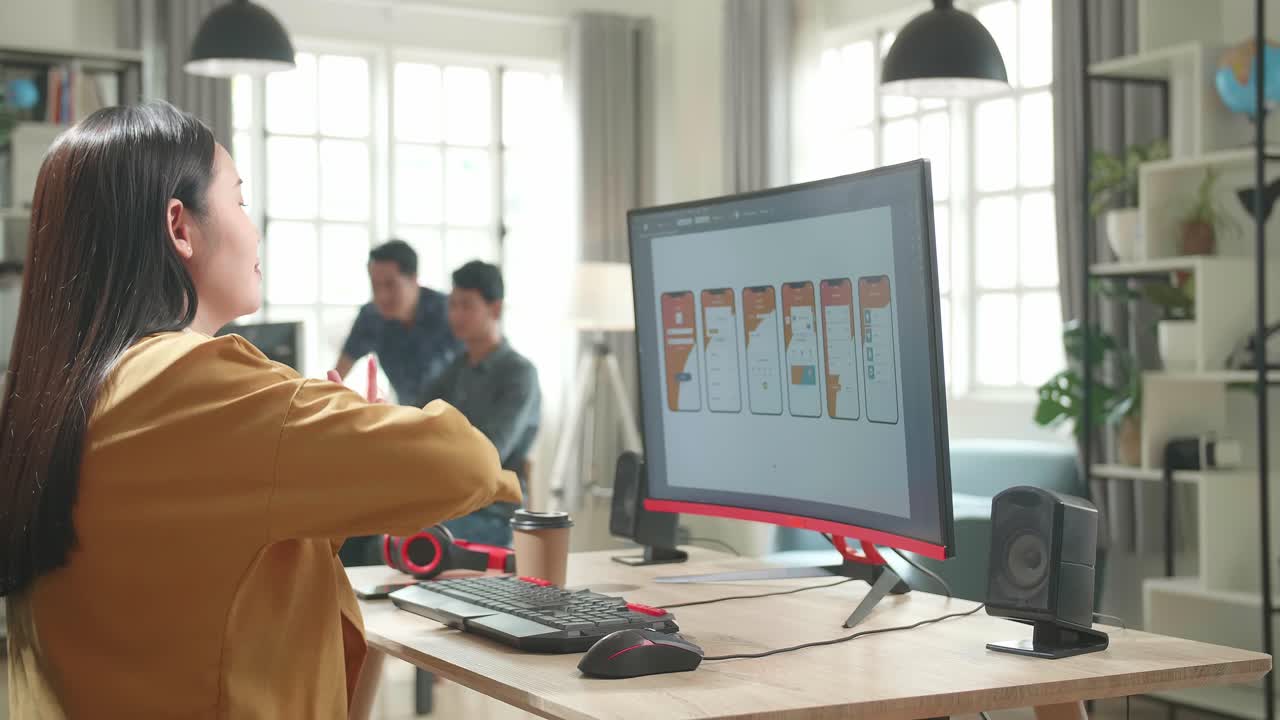 Asian Female Mobile Application Developer Stretching While Works With Graphics On Her Personal Computer In Office