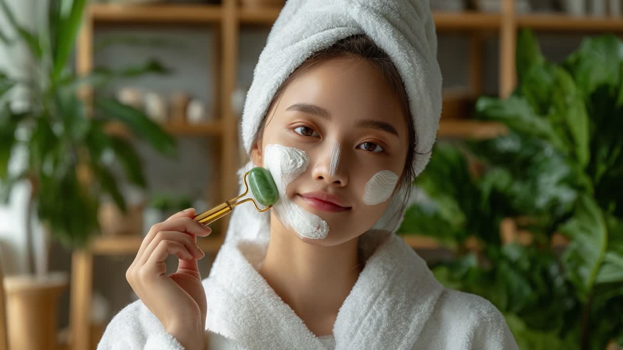 Relaxing Skincare Routine: A Young Woman Enjoys a Facial Treatment with a Jade Roller While Wearing a Towel and Bathrobe in a Cozy, Greenery-Filled Space
