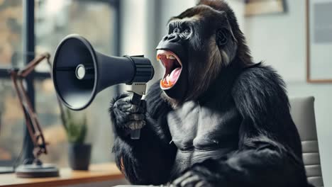 a gorilla sitting at a desk with a megaphone in its mouth