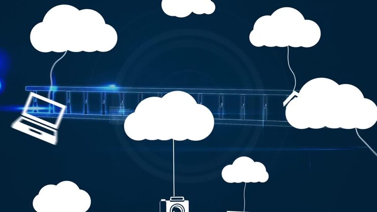 Animation of cloud icons and medical data processing over dark background