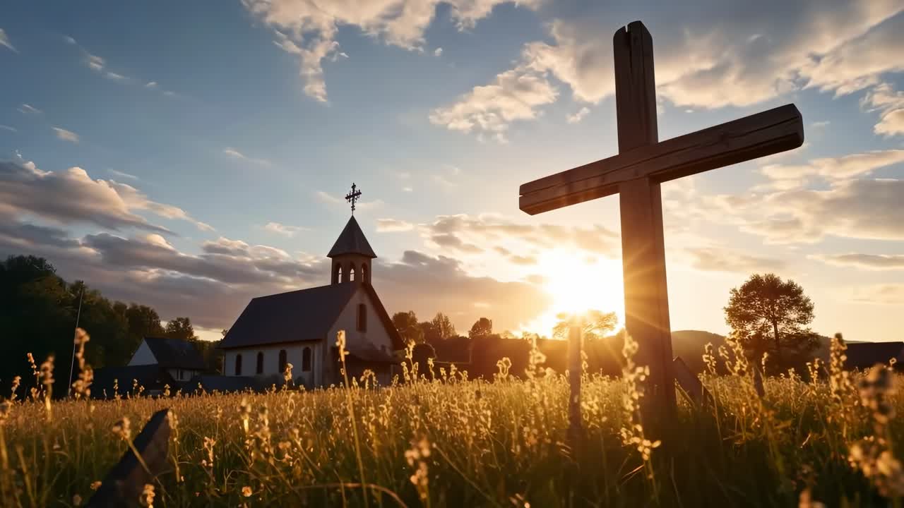 A serene video scene of a church and cross at sunrise, captured from a low angle