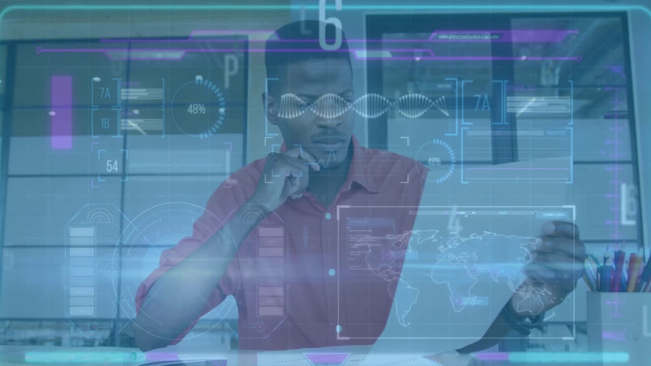 Animation of digital screen over afrcian american man in office