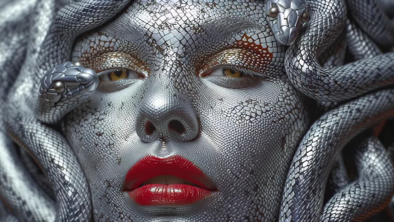 Cinematic close-up of a surreal woman face covered in metallic snake scales, framed by coiled serpents and glossy red lips, fantasy mythology concept