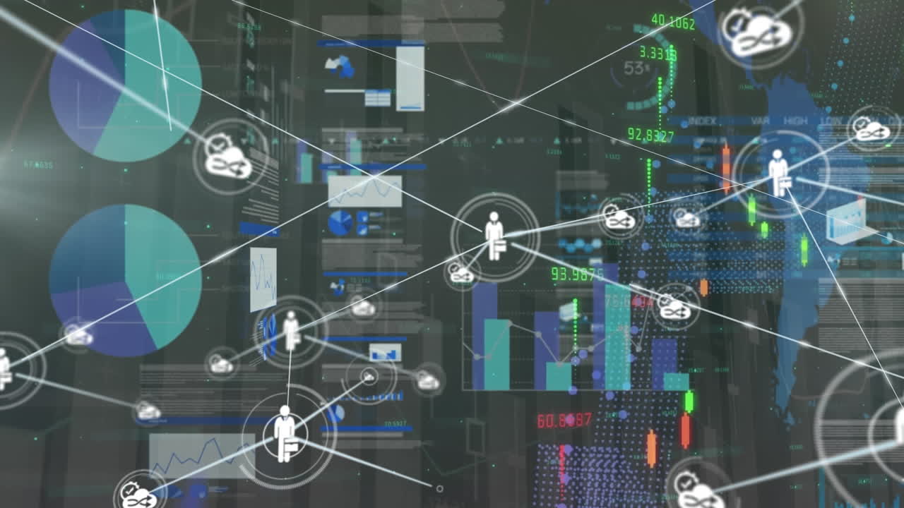 Animation of network of connections over world map and data processing