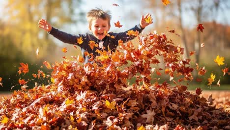 a joyful child embraces autumn by jumping into a pile of colorful leaves, celebrating the beauty of nature and playfulness during fall season