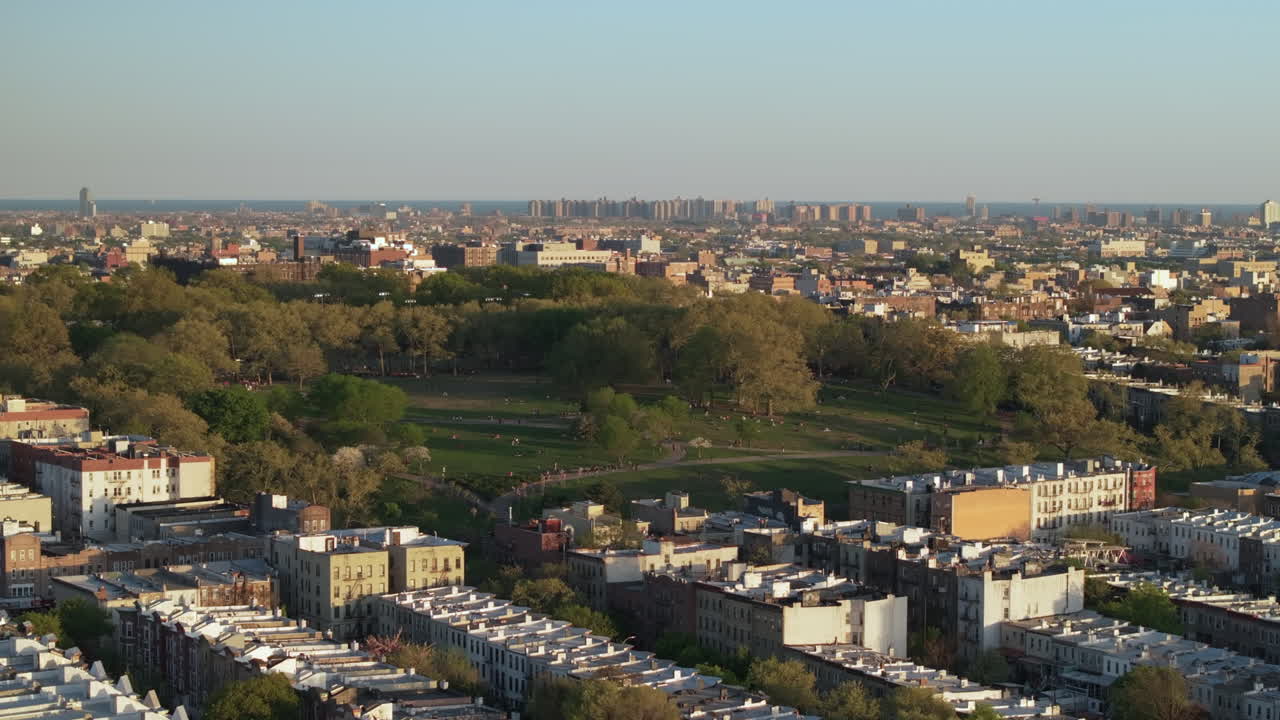 Aerial view of Sunset Park at dusk. Shot in Brooklyn, New York City.