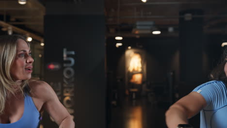 blond and brown caucasian women doing elliptical and smiling at the gym, indoor, medium shot