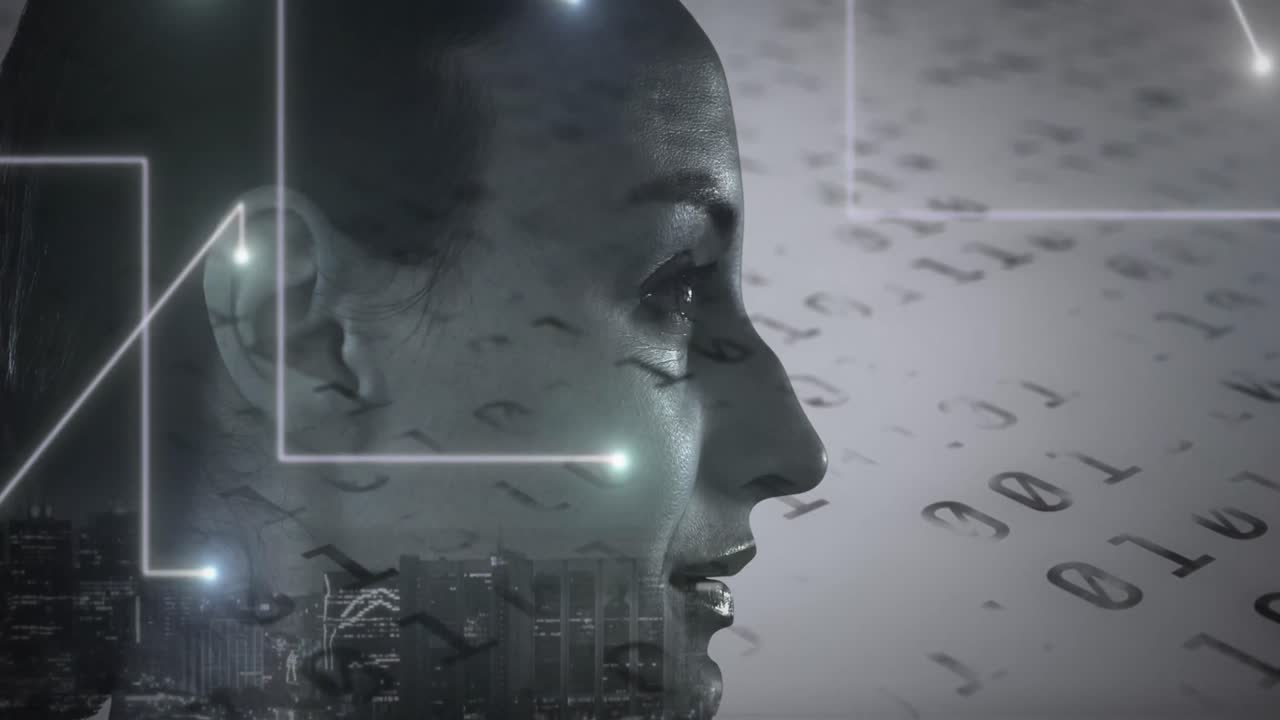 animación de líneas blancas y procesamiento de datos sobre la mujer