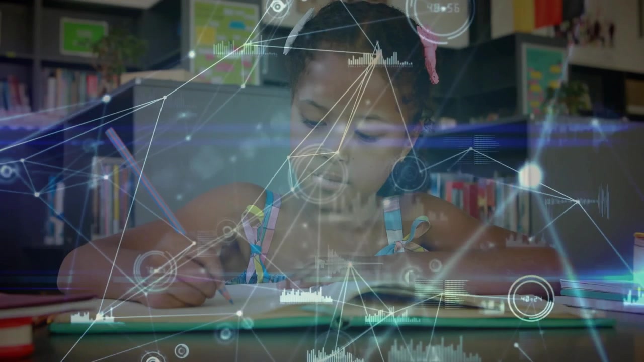 Young Girl Studying with Digital Technology Overlay