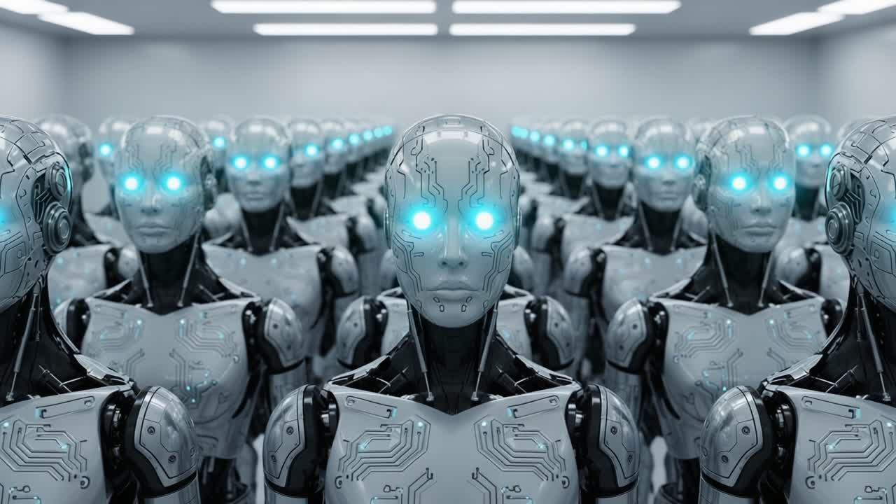 A Futuristic Army of Robots: The Evolution of AI and Robotics in a High-Tech, Monochromatic Environment Showcasing Advanced Designs and Glowing Features
