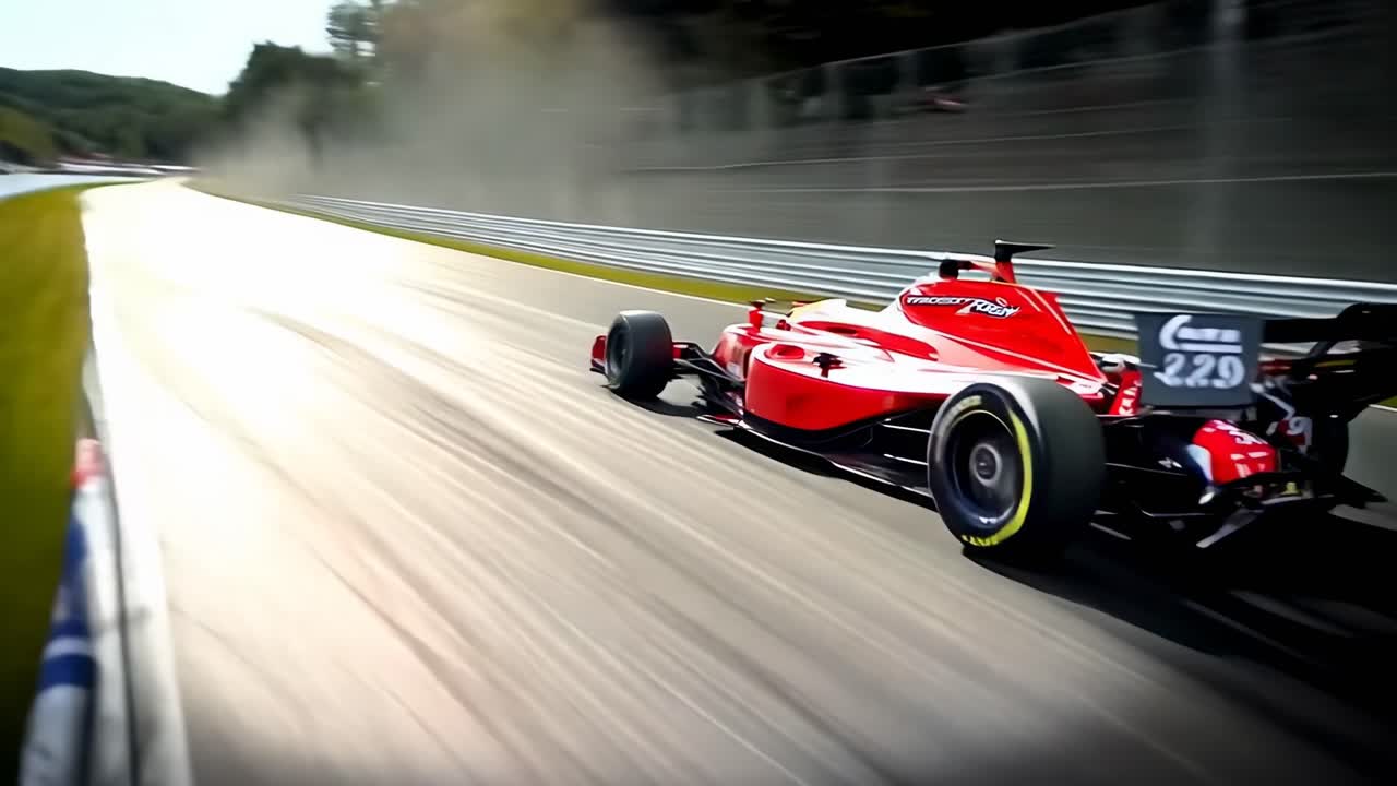 Dynamic video still of a red race car speeding on a track, captured ...