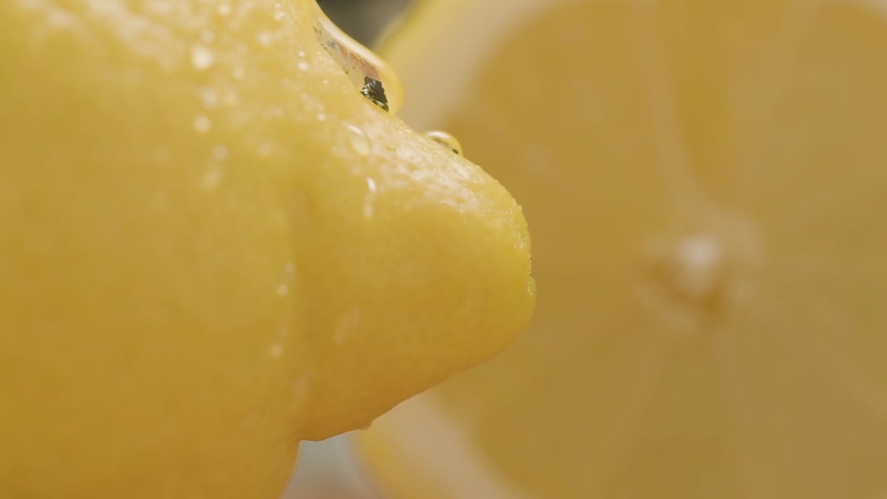 느린 동작으로 신선한 레몬 표면 아래로 떨어지는 물방울, 반 레몬 배경