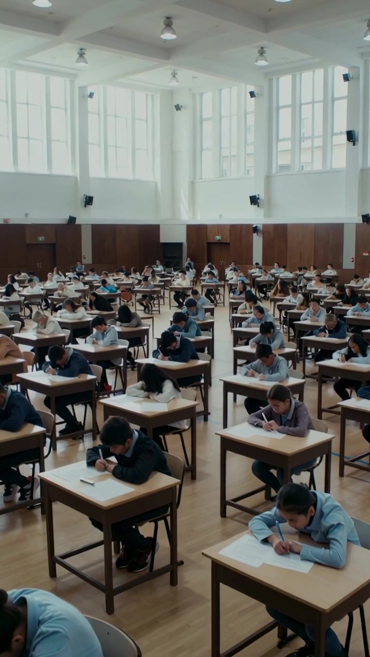 Vertical video: Students starting exam after paper handout, writing at desks, proctor walking aisle