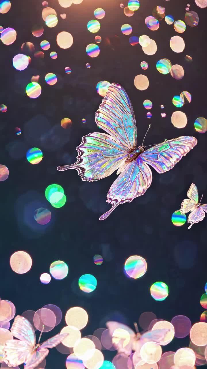 Un'angolazione video ravvicinata e sognante cattura una farfalla tra bolle iridescenti, creando un'atmosfera magica