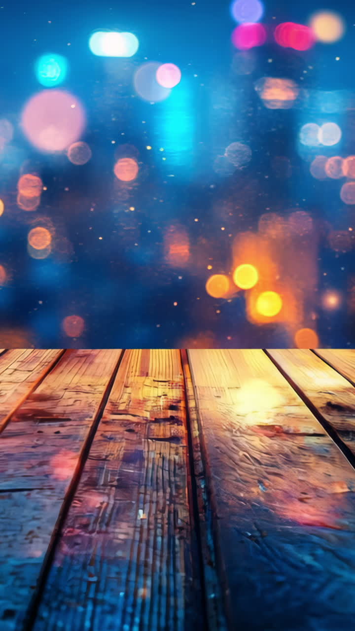 A city skyline is shown in the background with a wooden floor in the foreground. The sky is filled with lights, creating a moody and mysterious atmosphere
