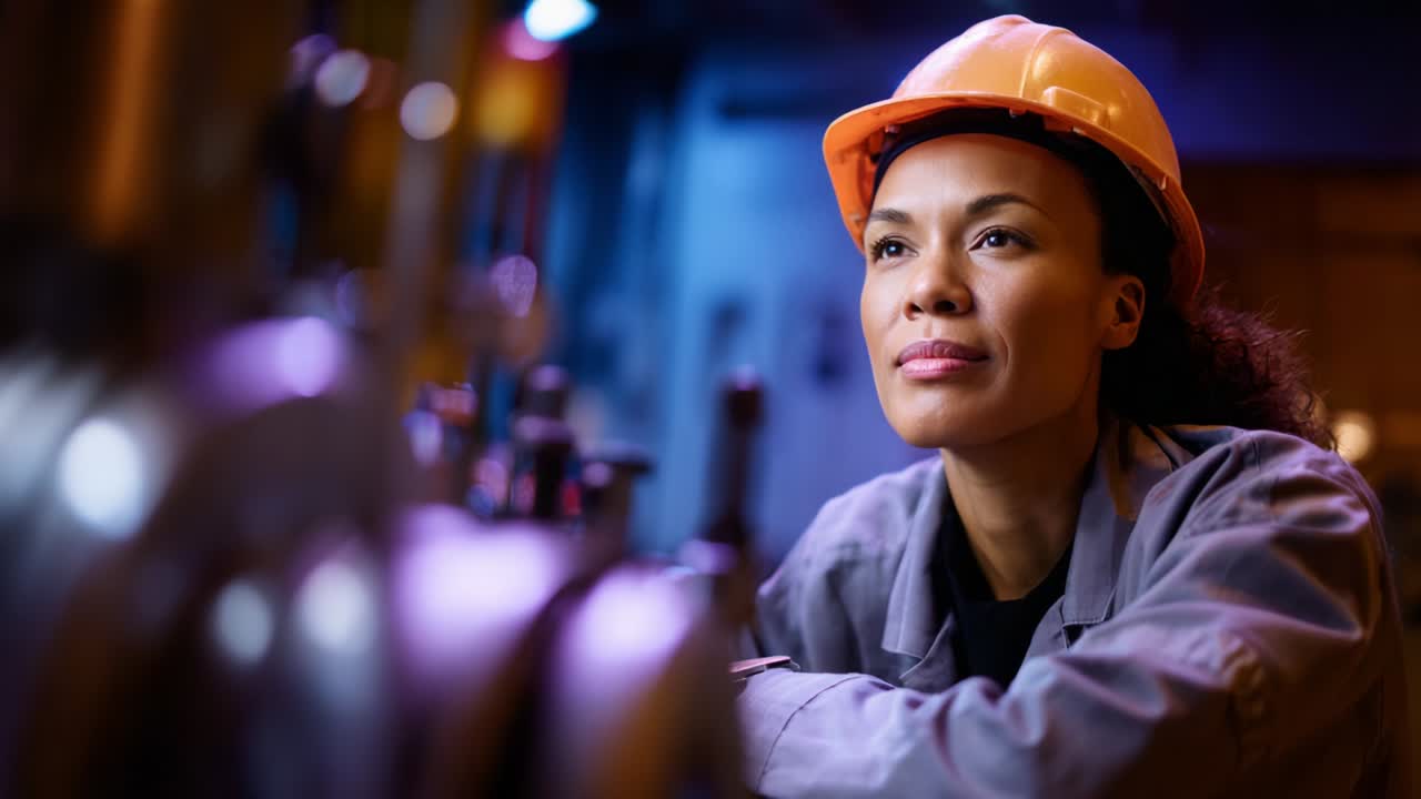 A confident woman, wearing a safety helmet and work attire, thoughtfully gazes at machinery in an industrial setting, embodying professionalism and determination in the field of engineering and technology
