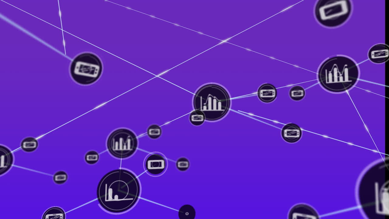 animación de gráfico flotante y teléfono celular conectando con líneas sobre fondo violeta