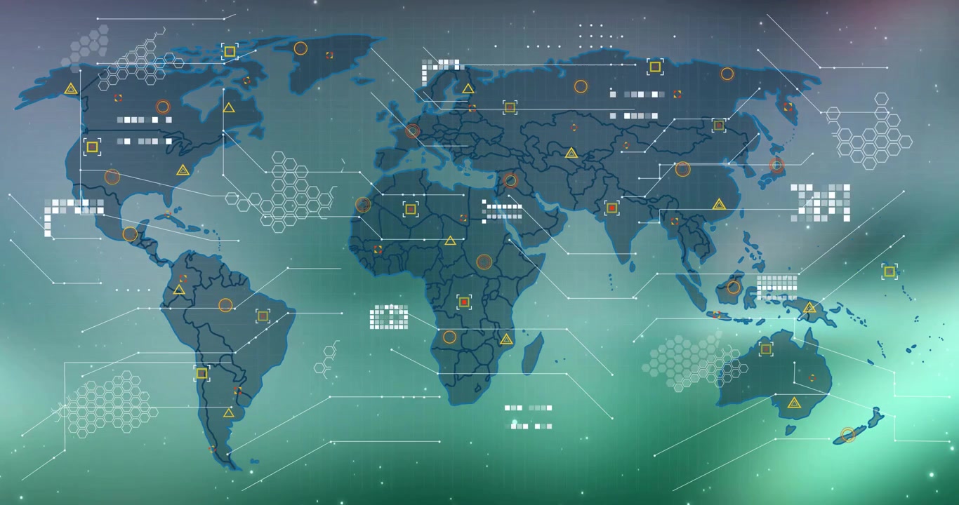 Gradient spreading and map outlines defining driving nodes popping up visualizing global data flow