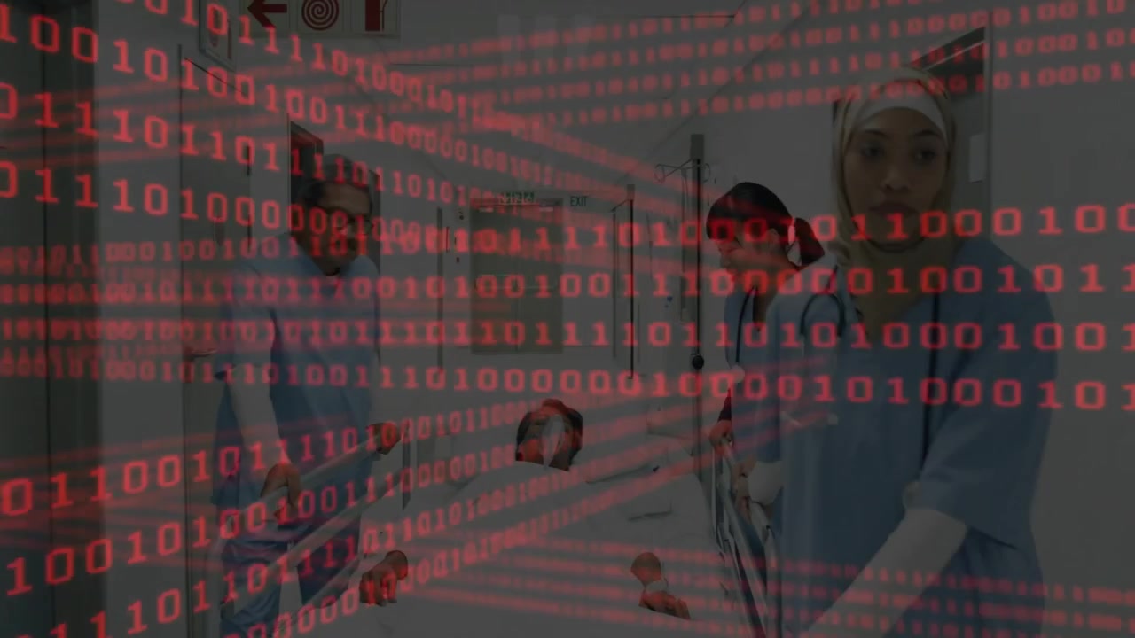 Red binary overlay revealing corridor as medical team pushing patient stretcher, monitoring vitals