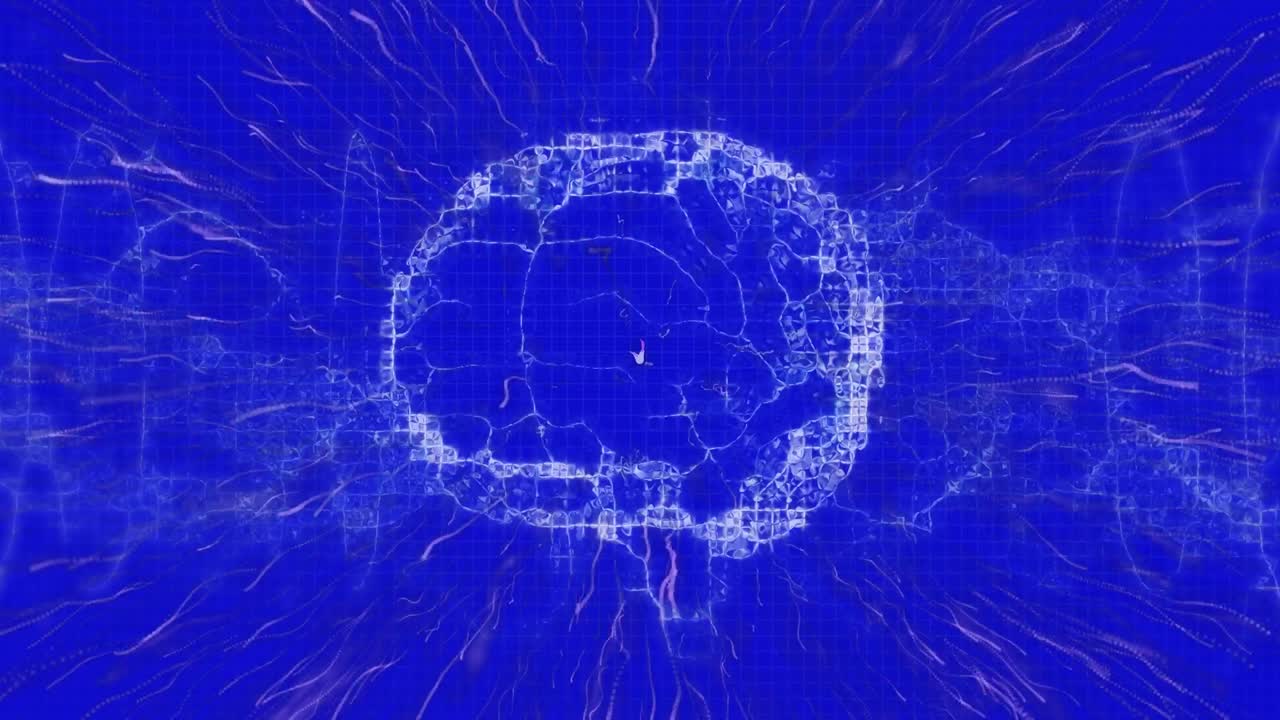 어두운 파란색 배경에 인간의 뇌와 파란색 트레일의 애니메이션