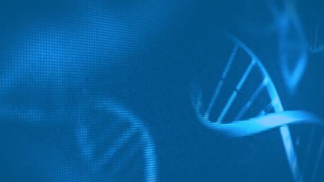 animación de adn giratorio y estructuras moleculares contra un fondo azul