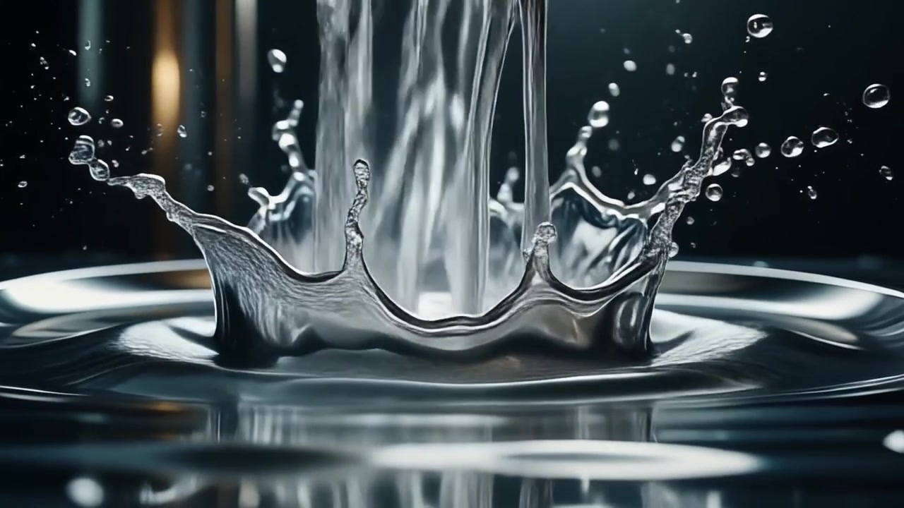 Clear Water Pouring into a Metallic Basin Creating a Splash