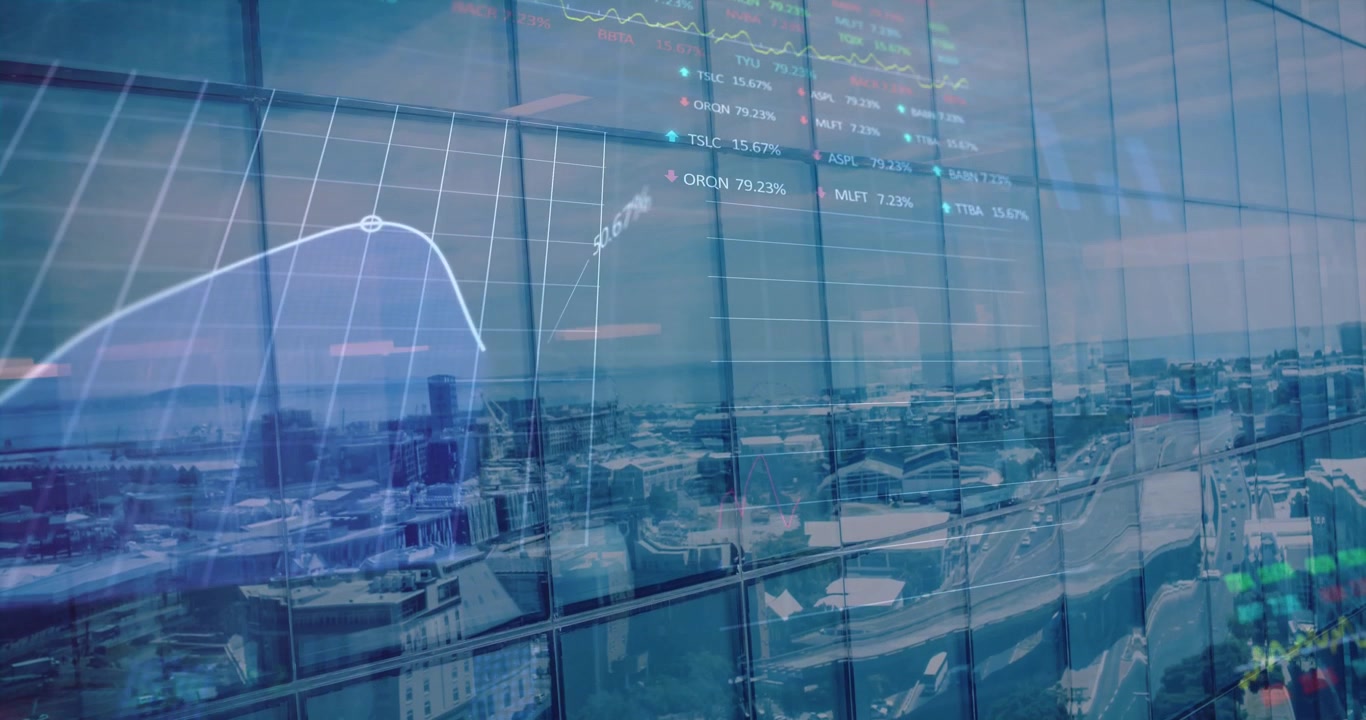 Animation von Börsen- und statistischer Datenverarbeitung vor der Spiegelung einer Stadtsilhouette