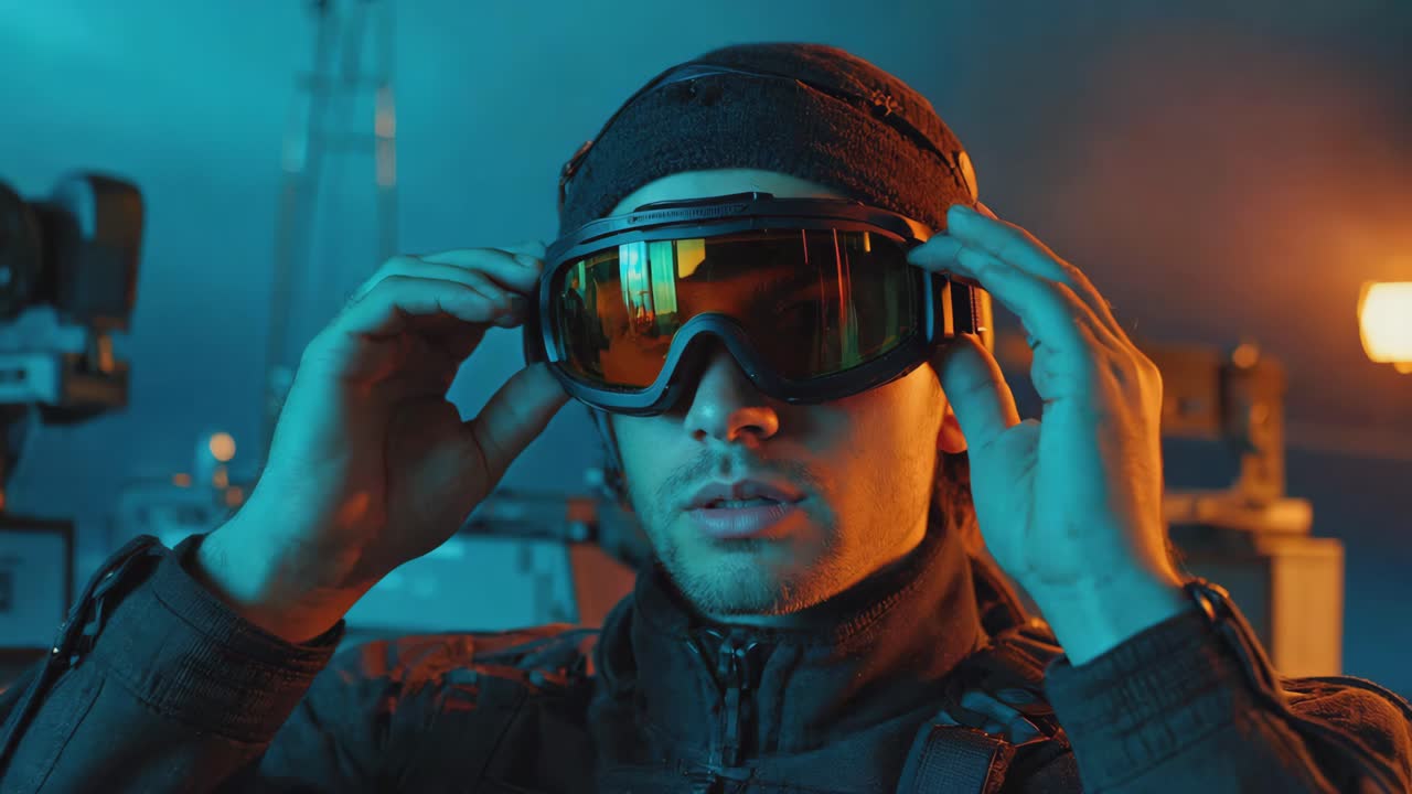 Young Man in Beanie and Jacket with Futuristic Neon Lighting