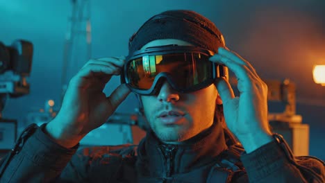 young man in beanie and jacket with futuristic neon lighting